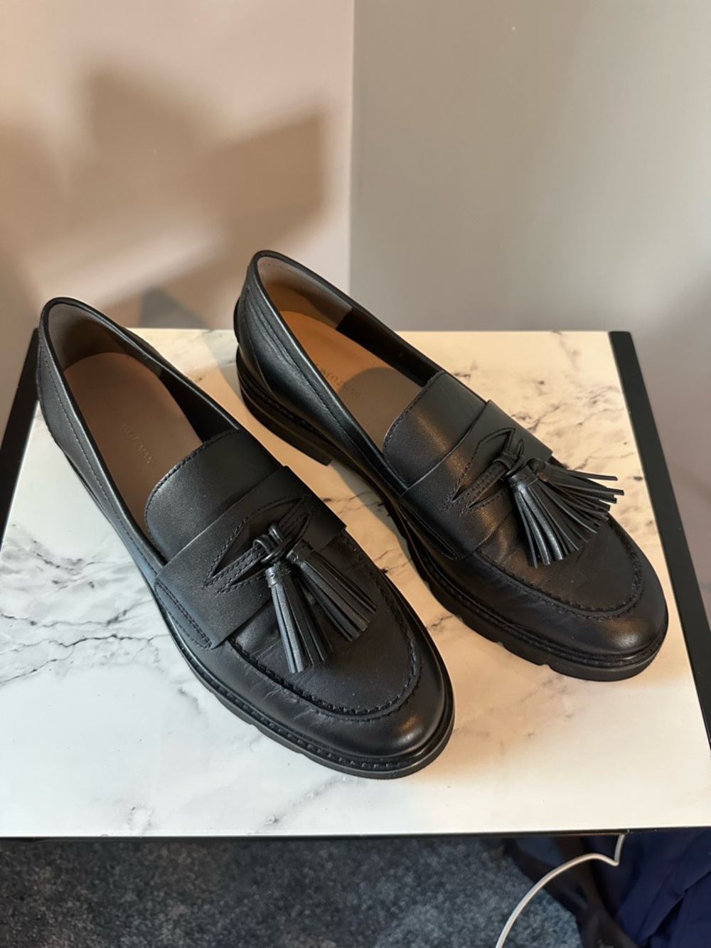 Stuart Weitzman Adrina Black Leather Tassel Loafers